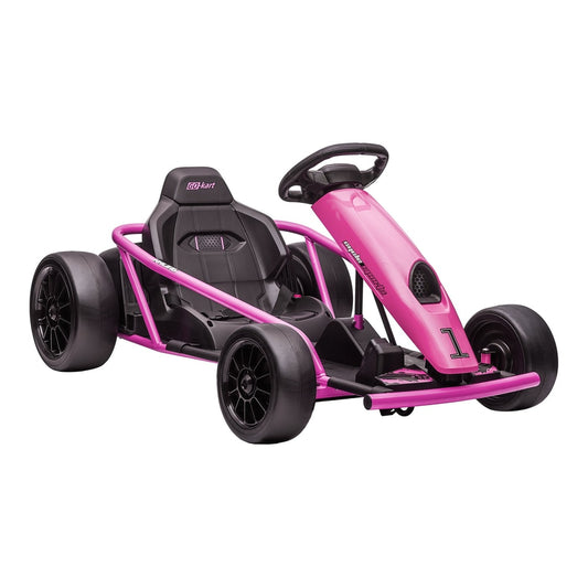 HOMCOM 24V Electric Go Kart in pink with a black seat and steering wheel on a white background