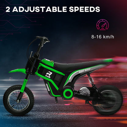 The kids electric motorbike shown against a motion background to highlight its speed settings