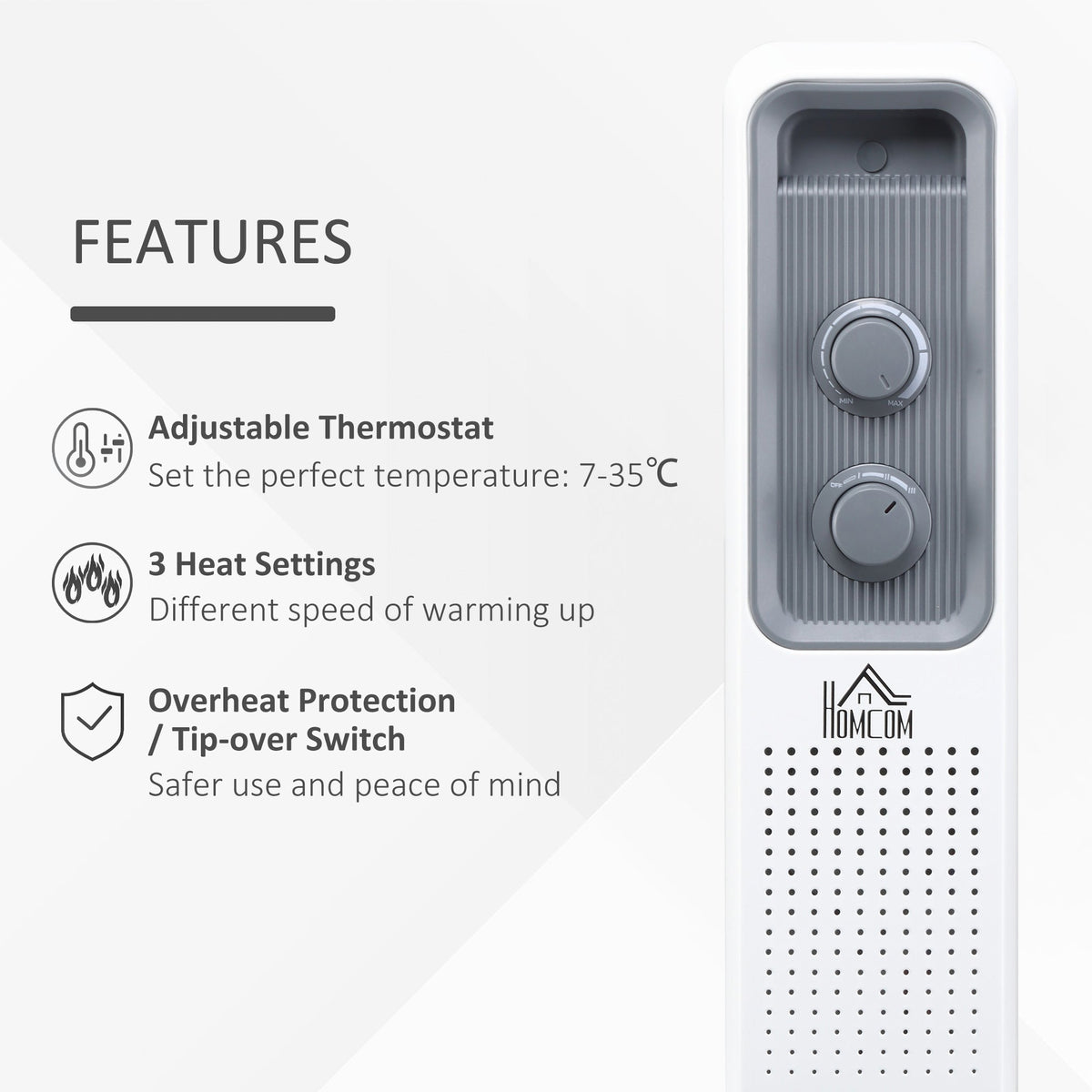 Close up of the controls and features of the portable electric heater, showing adjustable thermostat and 3 heat settings