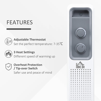Close up of the controls and features of the portable electric heater, showing adjustable thermostat and 3 heat settings