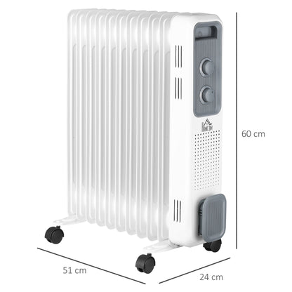 The white oil filled radiator shown with dimensions and wheels