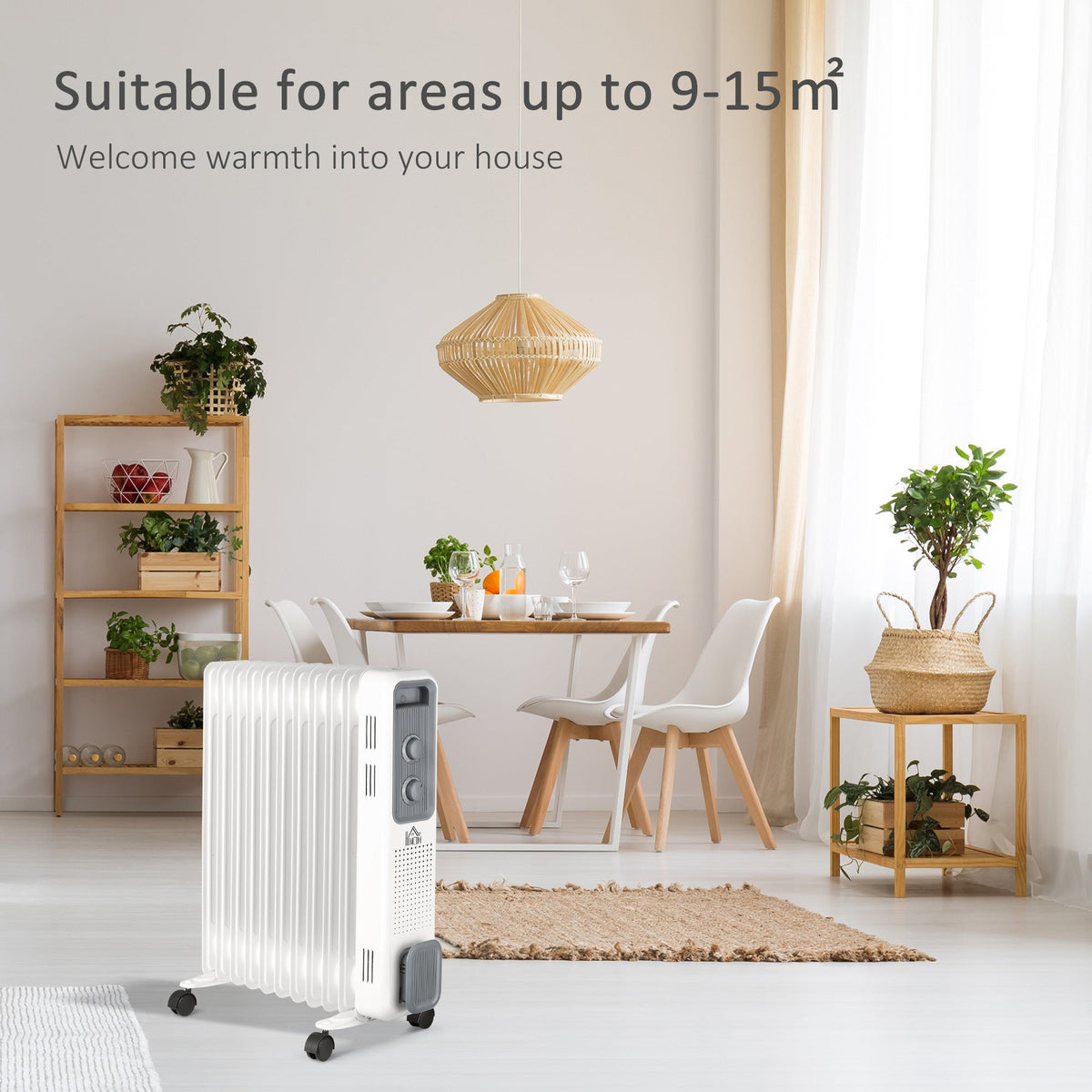 The white oil filled radiator shown in a dining room setting