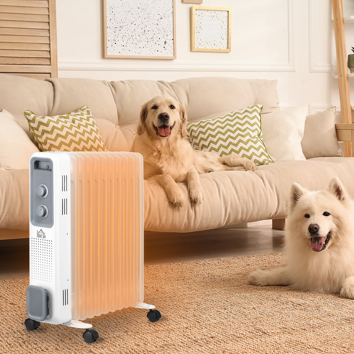 The portable electric heater is in a living room with two dogs on a sofa behind it