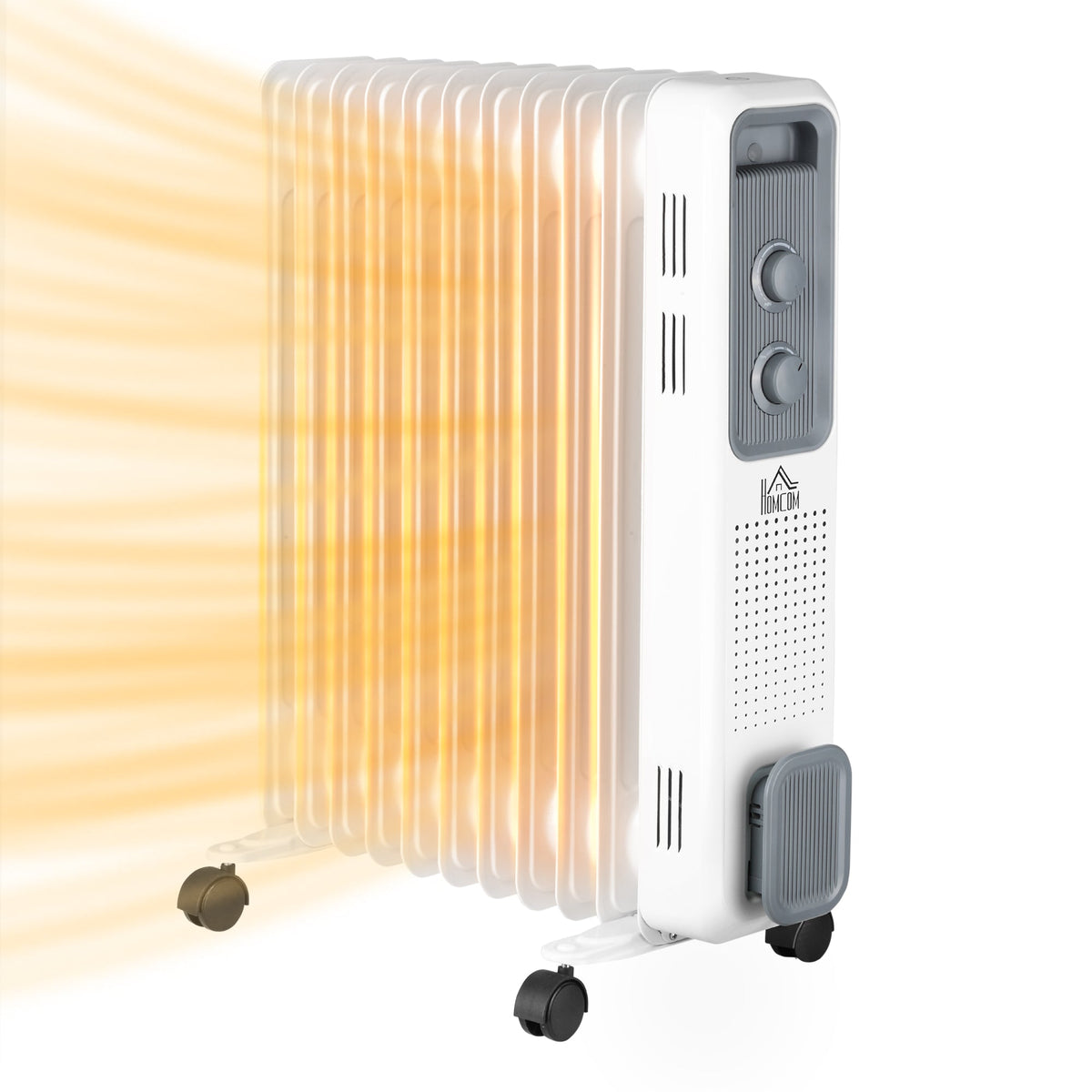 HOMCOM 2500W Oil Filled Radiator, a white portable electric heater with wheels and orange heat waves coming off it