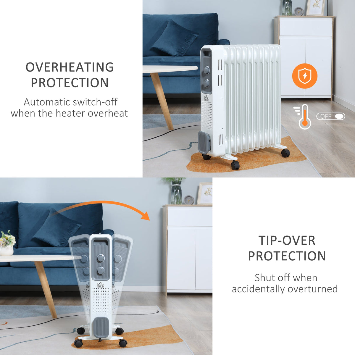 The oil filled radiator shown with overheating and tip-over protection features