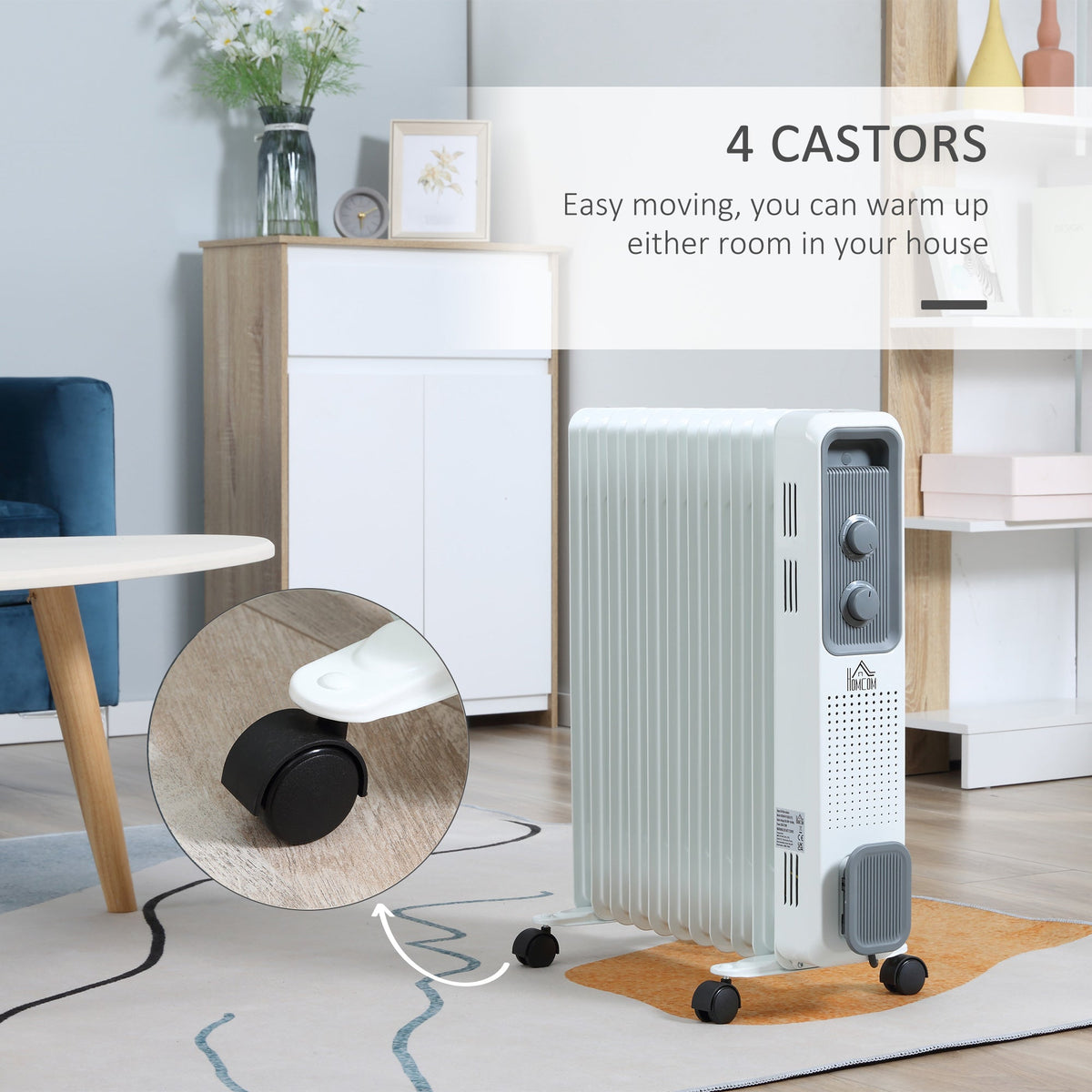 Close up of the wheels on the portable electric heater, showing how easy it is to move
