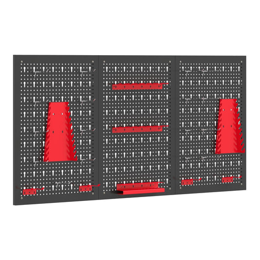 HOMCOM 28 Pcs Wall-Mounted Pegboard with 3 Boards, a black pegboard unit with red tool holders