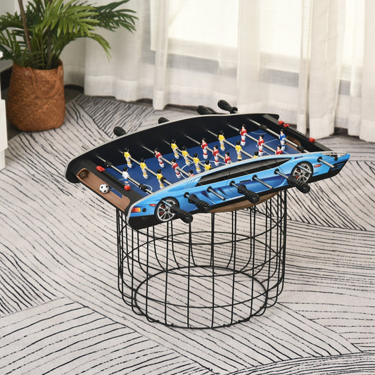 Mini tabletop football game on a wire stand in a living room