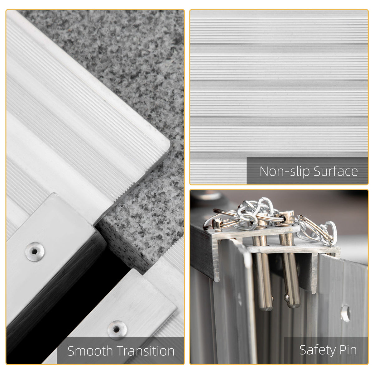 Close up views of the non-slip surface, smooth transition and safety pins on the access aid