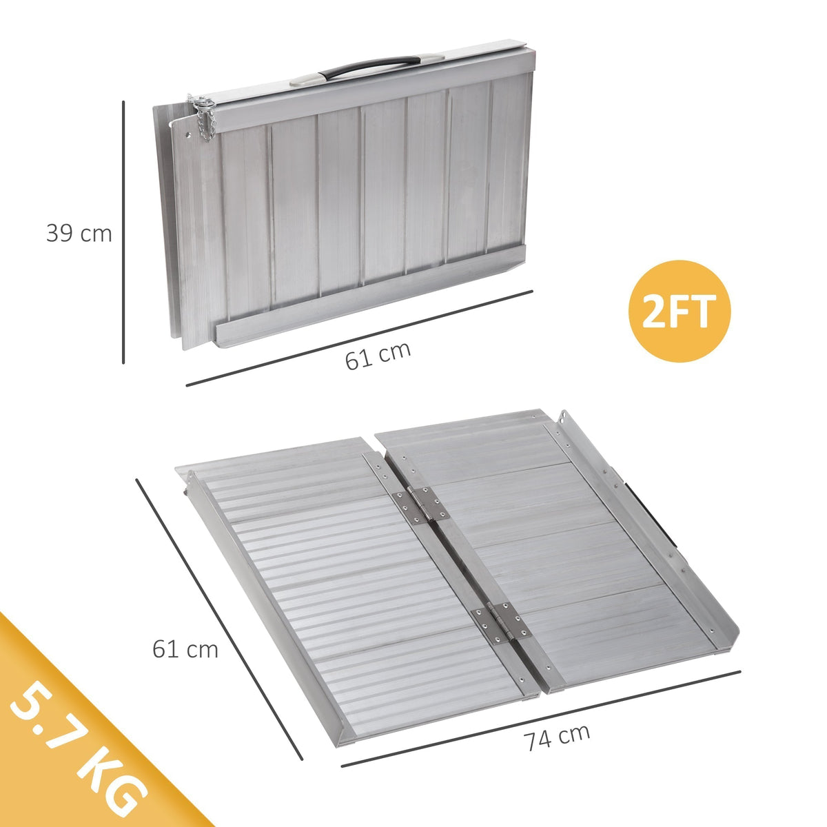 A size diagram shows the dimensions of the folded and unfolded portable mobility assist