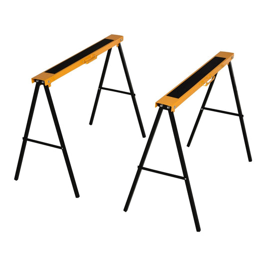 HOMCOM 2PCS Saw Horse Twin Pack, two yellow and black folding trestle stands on a white background