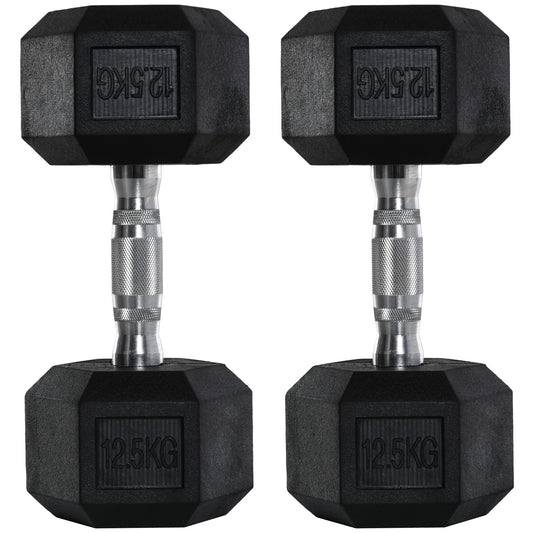 HOMCOM 2x12.5kg Rubber Hex Dumbbell set with two hexagonal weights shown front on