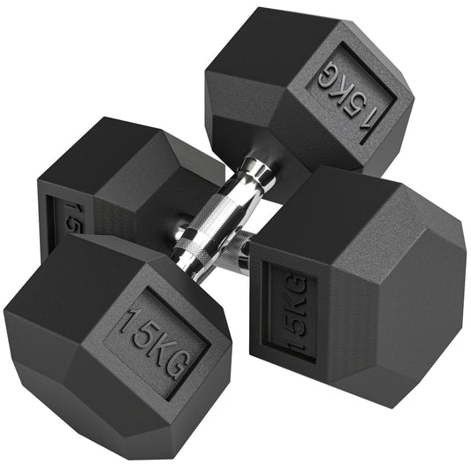 HOMCOM 2x15KG Rubber Hex Dumbbell pair on a white background