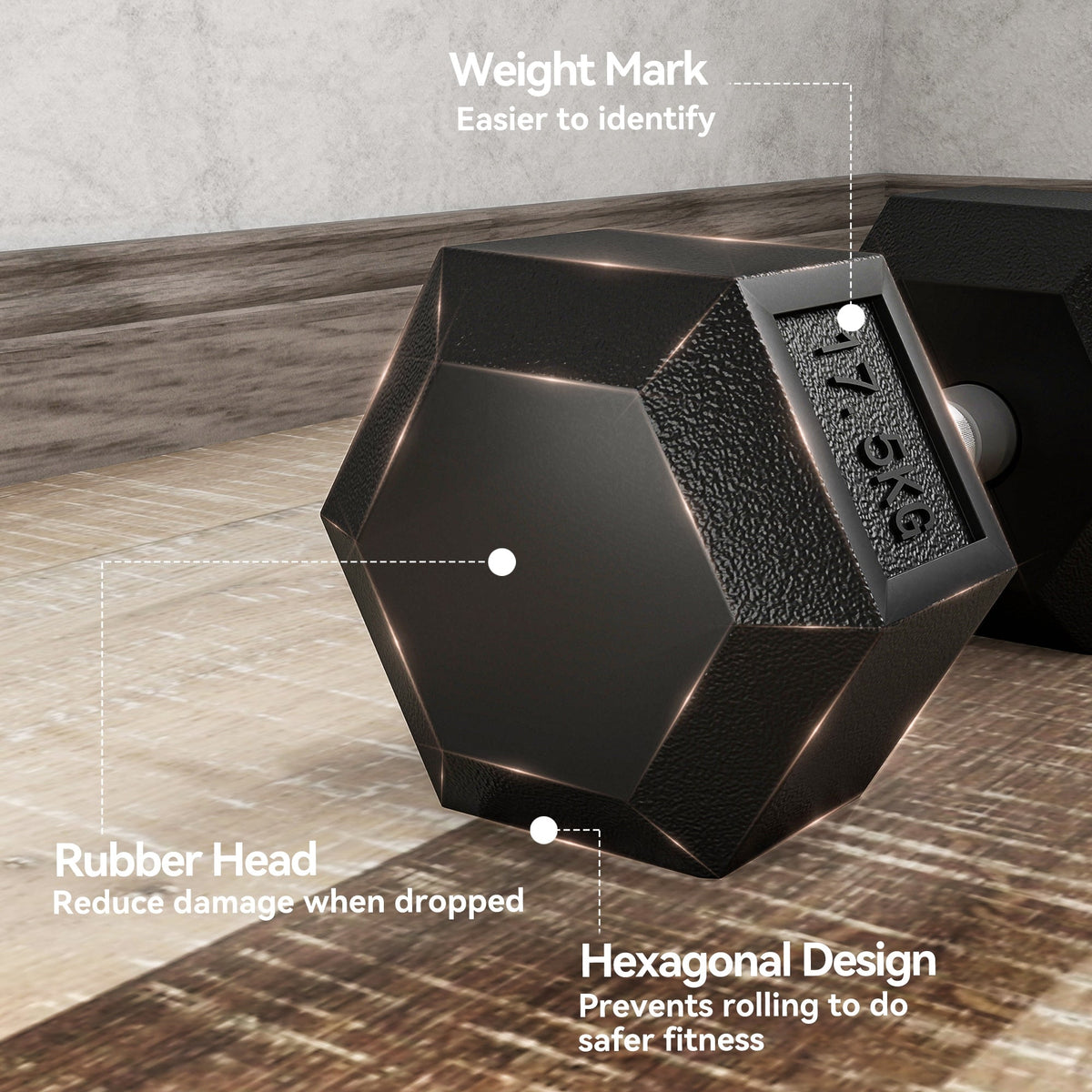 A close-up of the rubber hex dumbbell head showing the weight mark and hexagonal shape