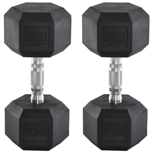 HOMCOM 2x17.5kg Rubber Hex Dumbbell, a pair of black hexagonal hand weights with silver handles