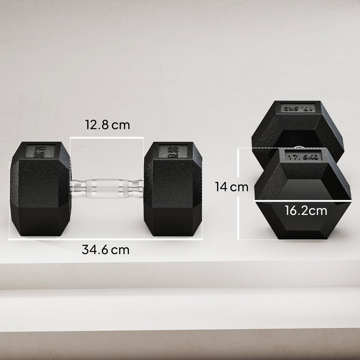 The rubber hex dumbbells displayed with lines indicating their length, width and height