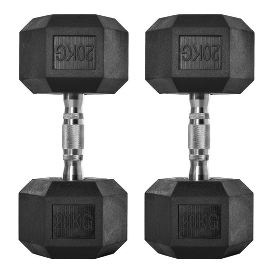 HOMCOM 2x20kg Rubber Hex Dumbbell set shown side by side against a plain white background