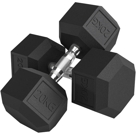 HOMCOM 2x20KG Rubber Hex Dumbbell, a pair of black hexagonal hand weights