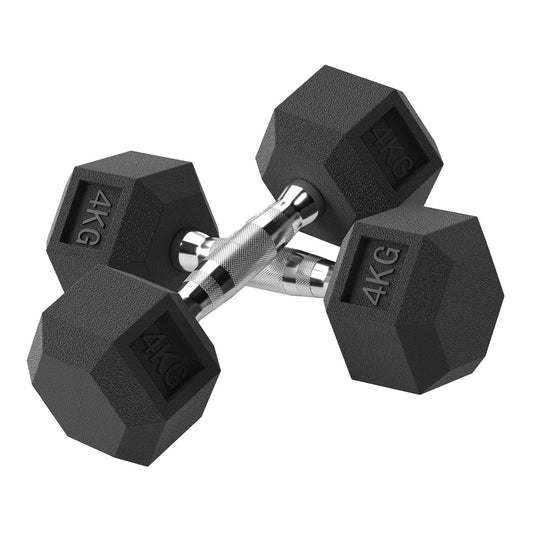 HOMCOM 2x4kg Rubber Dumbbell Sports Hex Weights Sets, a pair of hexagonal dumbbells with 4kg weight marked on each end