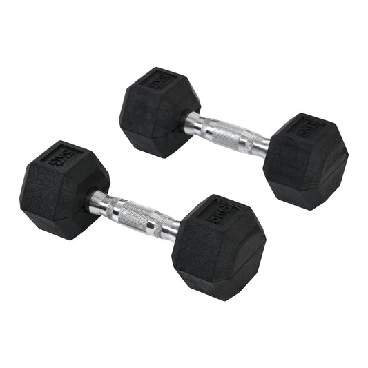 HOMCOM 2x5kg Rubber Dumbbell Sports Hex Weights Sets showing two black hexagonal dumbbells with silver handles