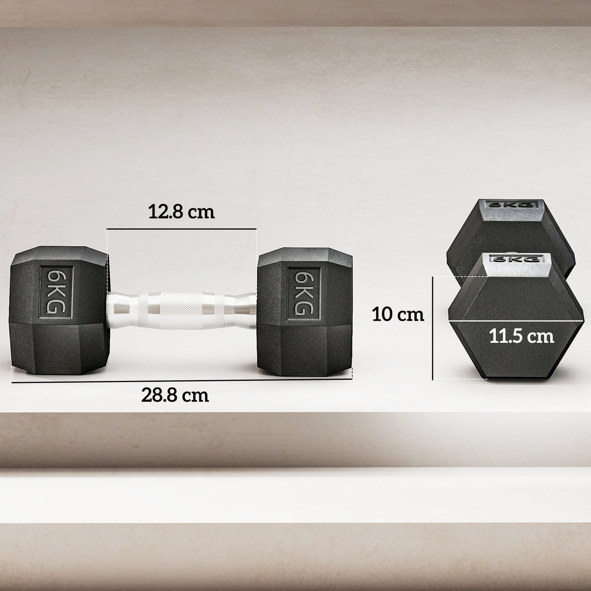 The fitness weights shown with technical lines indicating the dimensions of the equipment