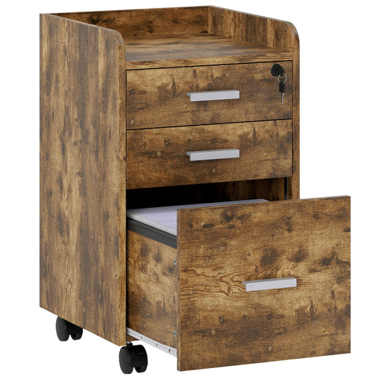 HOMCOM 3 Drawer Filing Cabinet with Lock showing the bottom drawer pulled out on its wheels
