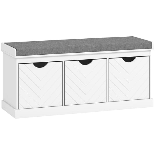 HOMCOM 3-Drawer Padded Shoe Bench with a grey padded top and three white drawers with chevron pattern