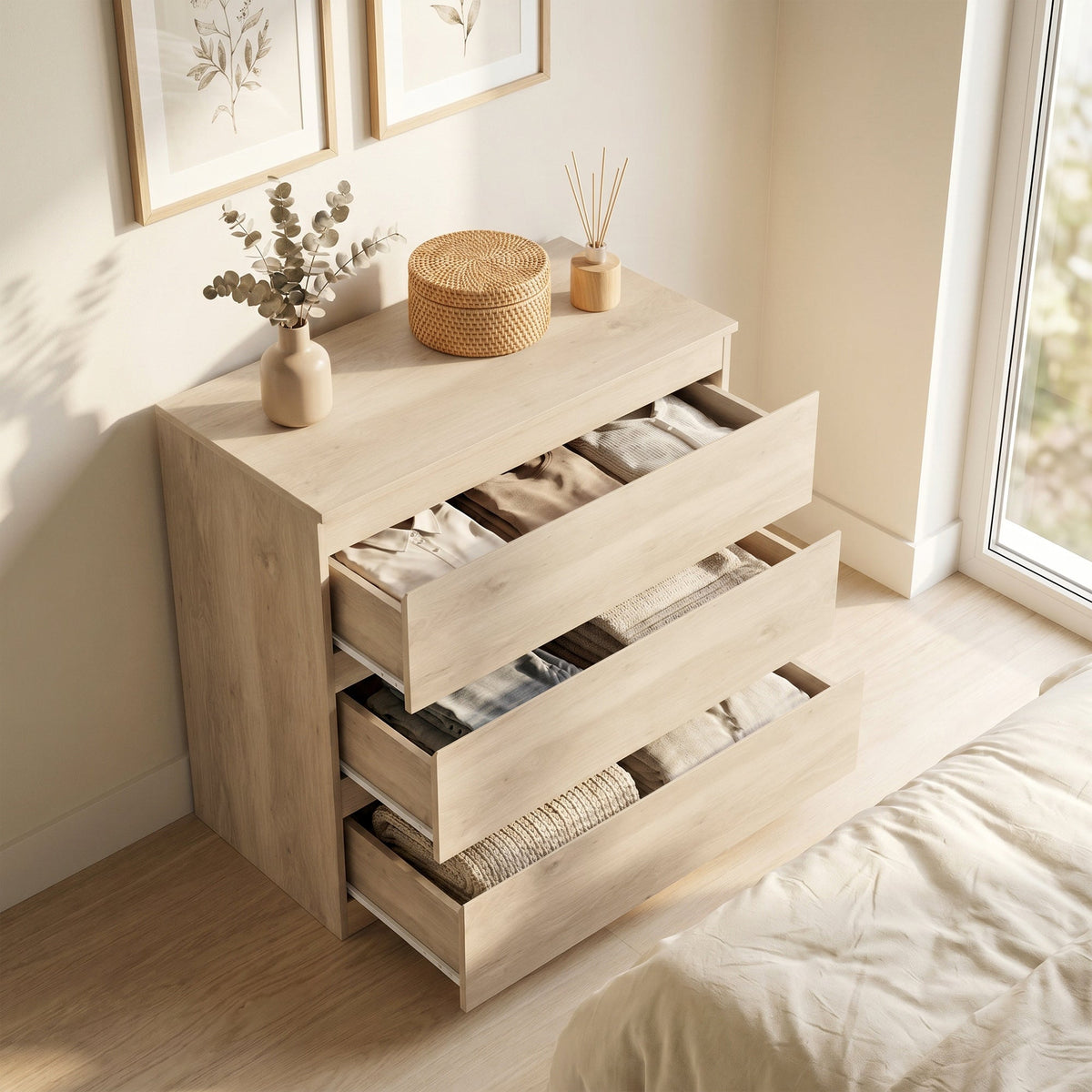 The chest of drawers viewed from above with all three drawers pulled out