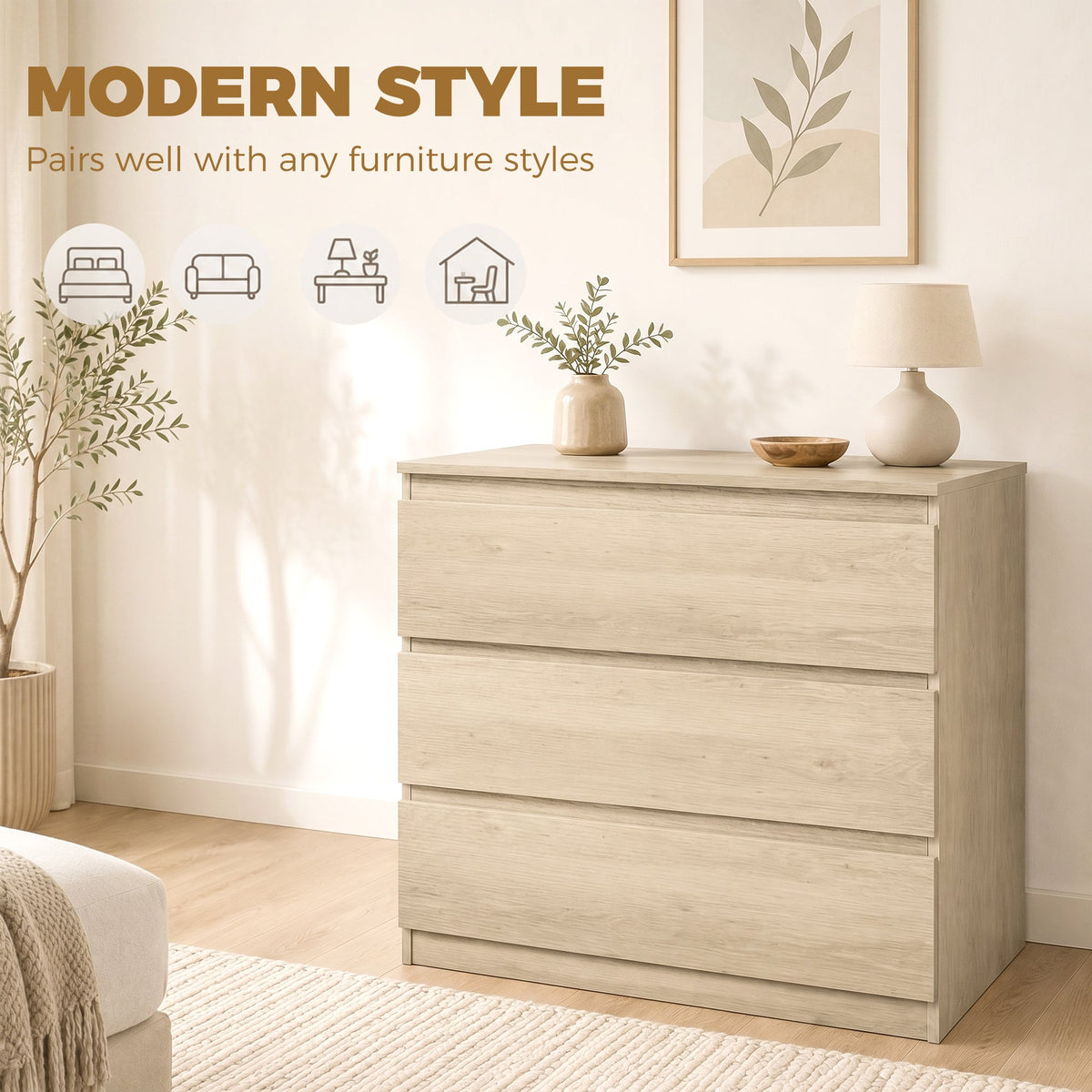 The chest of drawers in a bright living room setting with a lamp and decor on top