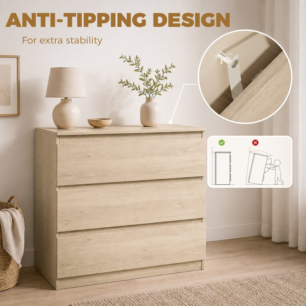 The chest of drawers featuring an inset diagram of the safety wall mounting strap