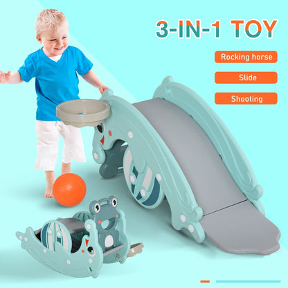 The multi-functional toy shown as a slide and a rocking horse with a child playing with a ball