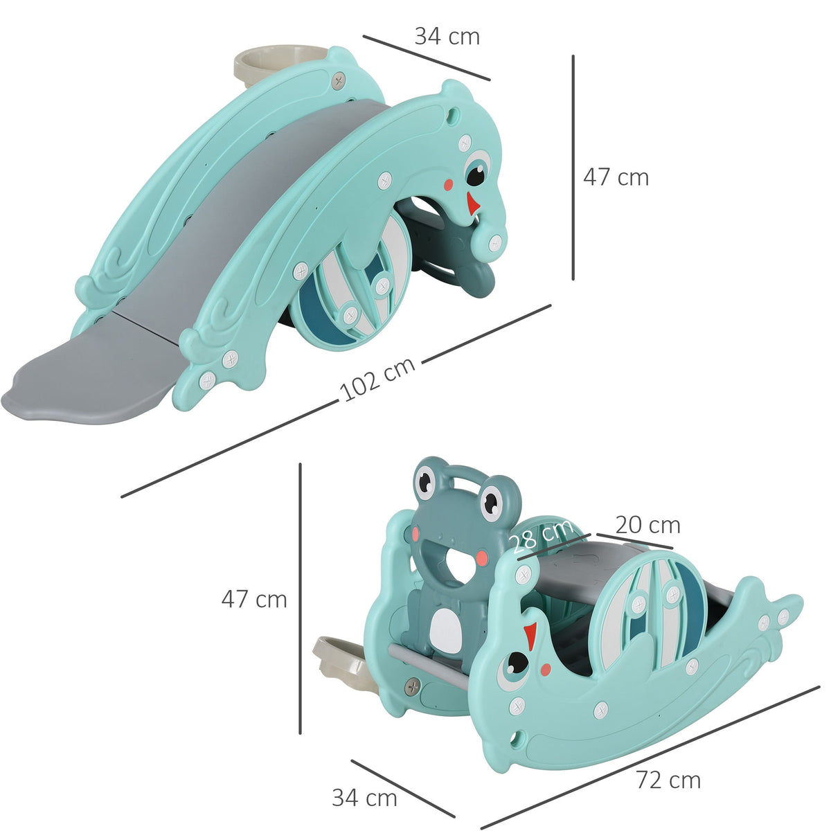 The playground toy shown from two angles with lines and measurements indicating its dimensions