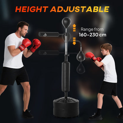 An adult and a child using the height adjustable boxing punch bag