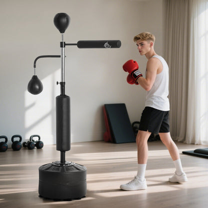 A young man in boxing gloves training with the freestanding punch bag in a room