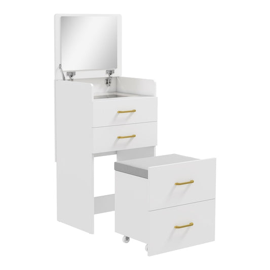 HOMCOM 3 in 1 Dressing Table with flip-top mirror and cushioned stool, white finish