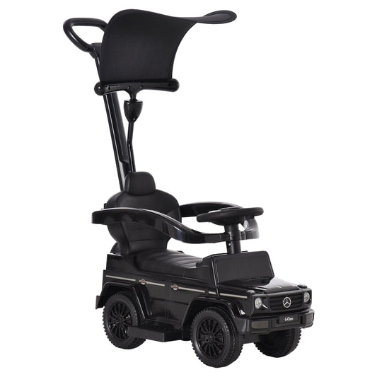 HOMCOM 3 in 1 Kids Children Ride on Push Car, a black Mercedes G-Wagon style toy car with a sun canopy and parent handle