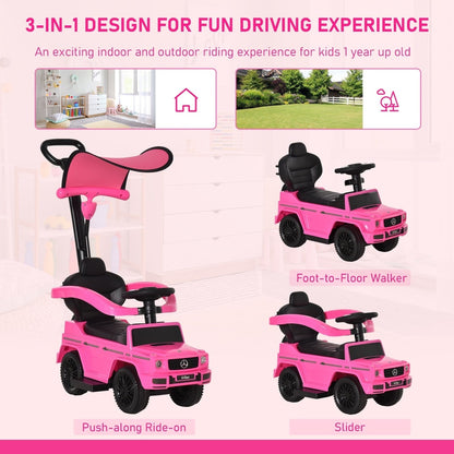 Three ways to use the pink ride-on push car: push-along, foot-to-floor walker, and slider
