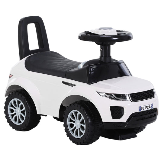 HOMCOM 3-in-1 Ride On Car Foot To Floor Slider Toddler in white with black steering wheel and seat