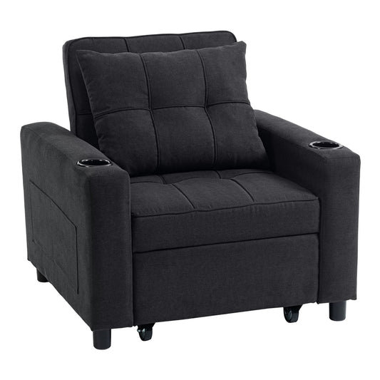 HOMCOM 3-in-1 Single Sofa Bed in black with a matching cushion and integrated cup holders