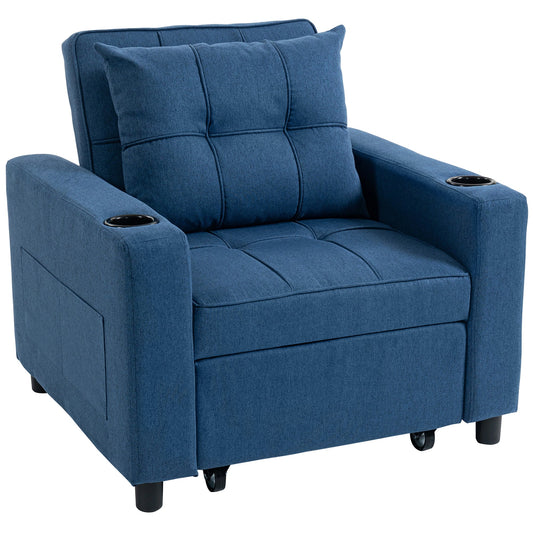 HOMCOM 3-in-1 Single Sofa Bed in dark blue with a matching cushion and integrated cup holders