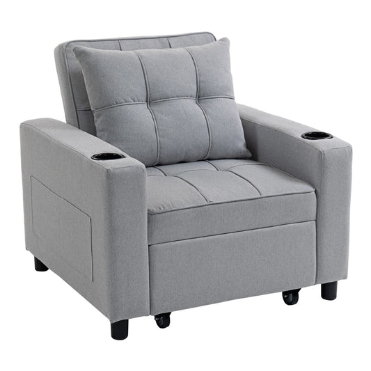 HOMCOM 3-in-1 Single Sofa Bed in light grey fabric, shown as a compact armchair with a cup holder on each arm