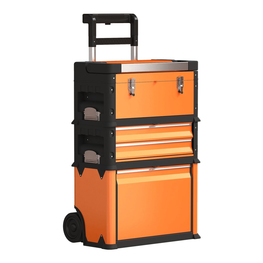 HOMCOM 3-in-1 Stackable Rolling Tool Box in orange with black accents and wheels
