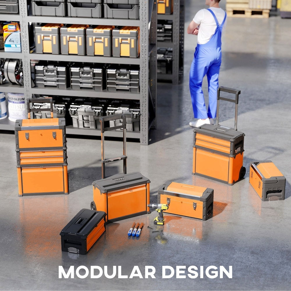 Several orange and black tool boxes are arranged in a modular design in a storage room