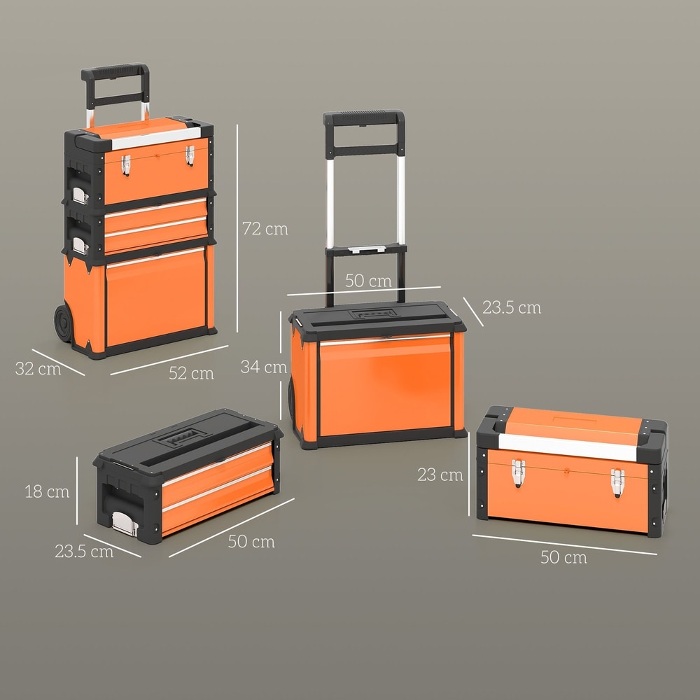 Dimensions of the orange and black stackable tool box and its separate components