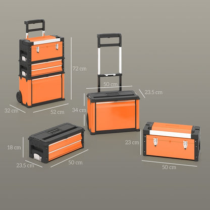 Dimensions of the orange and black stackable tool box and its separate components