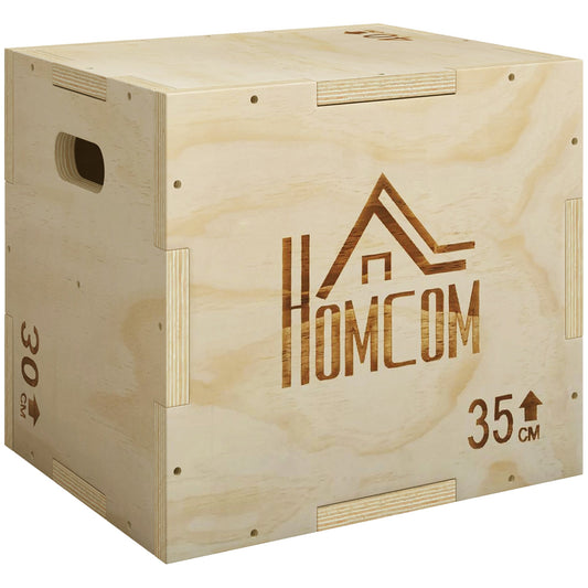 HOMCOM 3-in-1 Wooden Plyo Box, a natural wood cube with handle openings and height markings