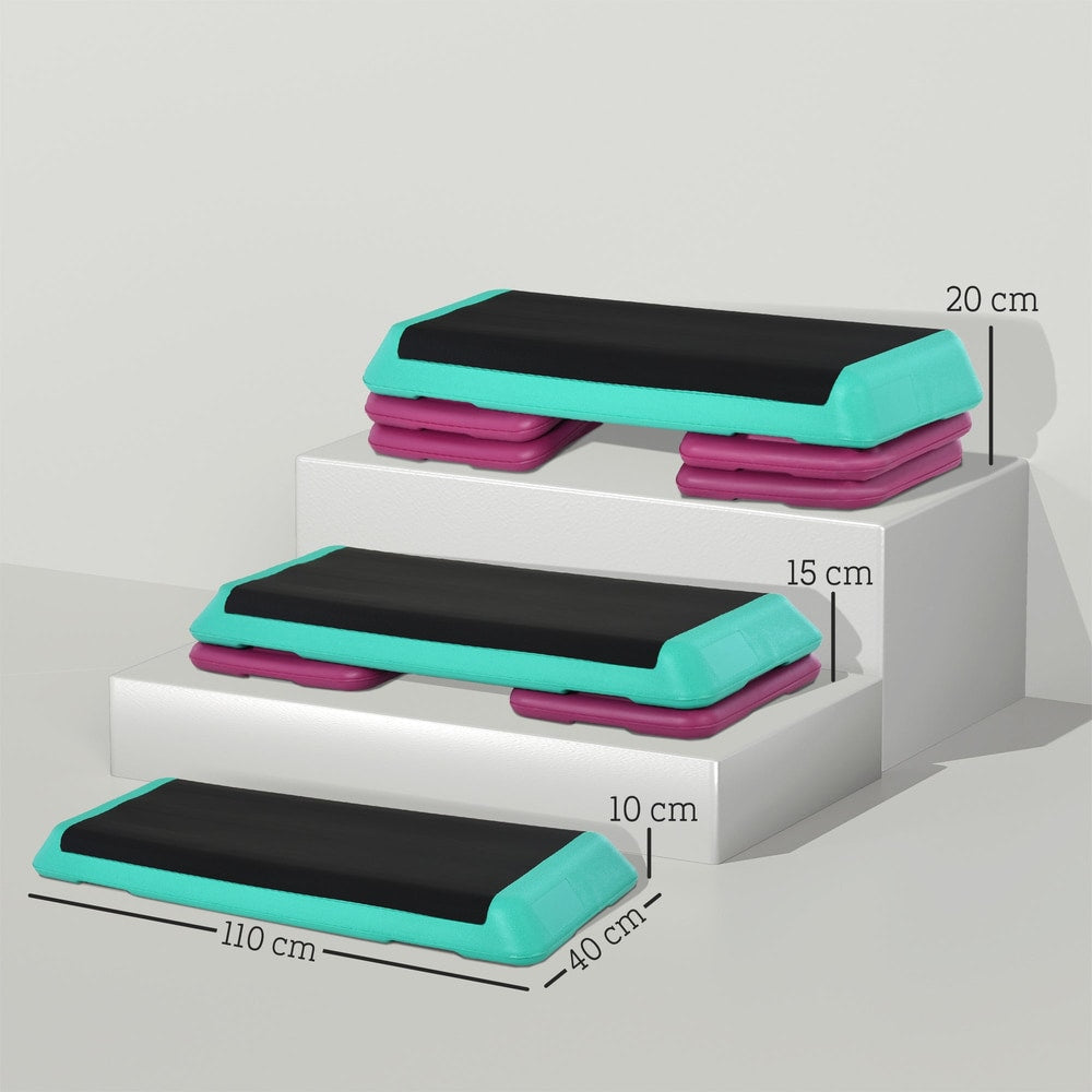Aerobic step shown at three different heights with measurements