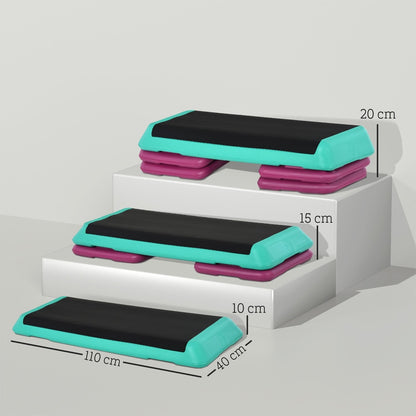 Aerobic step shown at three different heights with measurements
