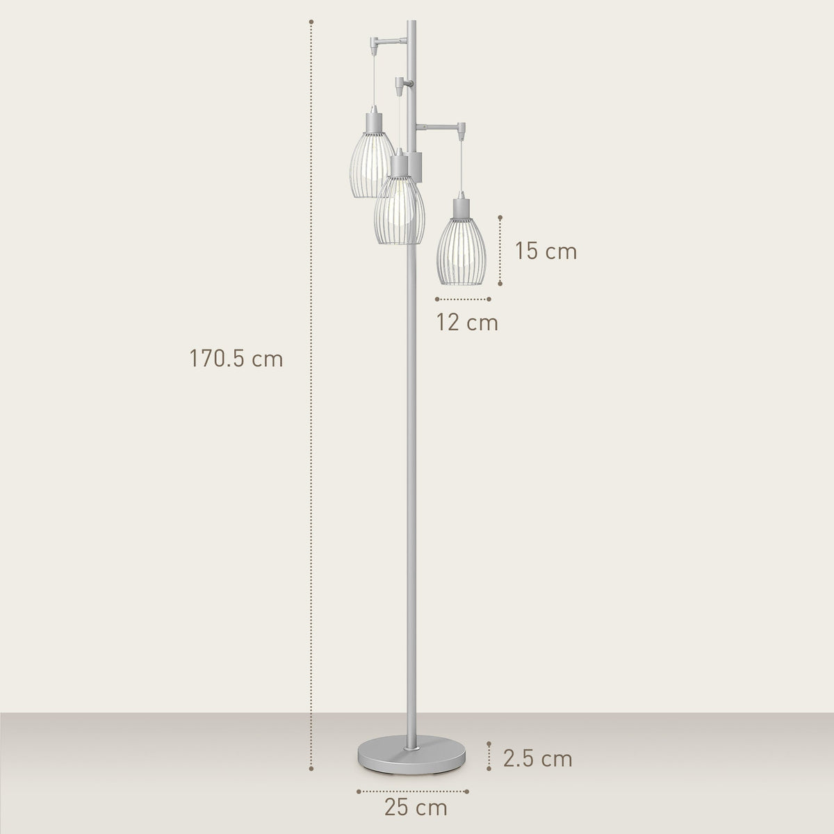 Silver tone floor lamp with dimensions indicated