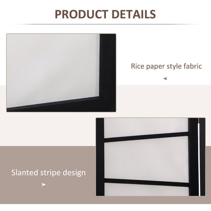 Close-up details of the white folding privacy screen showing rice paper style fabric and slanted stripe design